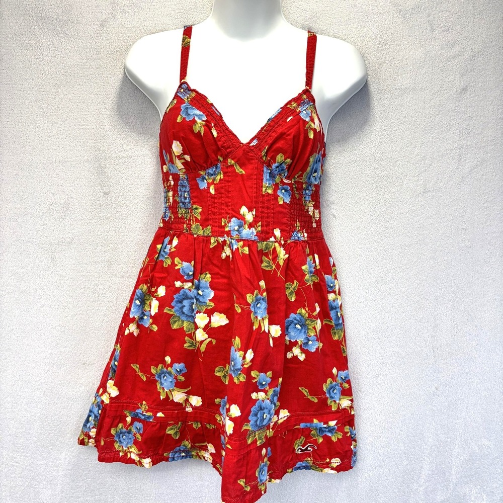 Y2K Hollister Babydoll Mini Dress Juniors Small Red Floral Vacation‎ Smocked